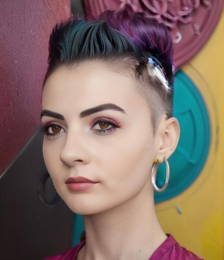 portrait photo of (zxzx:1.2) a model by Flora Borsi, style by Flora Borsi, bold, bright colours, Mohawk haircut, ((Flora Borsi))<lora:burcuSAFe:1.0>