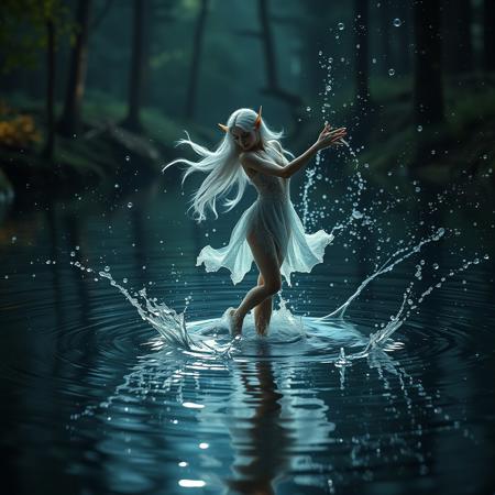 Magical elf dancer on the surface of shallow pool dancing gracefully, surrounded by huge splashes of water droplets all around her, Extremely detailed cinematic film still of a vibrant piece, capturing an elf immersed in the rippling reflections of a shallow pool, causing splashes of water to shoot up all around her where every step stirs the water’s surface splash shooting upwards, soft volumetric lighting, sparkling, shimmering, intricate details, fantasy, ultra sharp focus, crystal clear, extreme contrast, VFX fine art, ultra CGI rendering, 16K, 3D, hdr, vibrant, fantasy core, the splashes of water droplets are all around her as they glitter like diamonds under the light of the moon 
 A photorealistic, enchanting image of a sexy Moon Elf set in a mystical, moonlit forest waters surface, she has long, flowing silver hair that shimmers in the moonlight,  magical She wears a delicate, lace outfit made of sheer, sparkling fabric made of water droplets, adorned with intricate silver and sapphire accents, enhancing her graceful, slender, and curvy physique. The scene is bathed in a serene, mystical glow, with the full moon casting dappled light through the trees and creating a magical ambiance , fairy lights, The composition includes a shallow depth of field, with the focus sharply on the Moon Elf, her confident and seductive pose drawing the viewer’s eye.