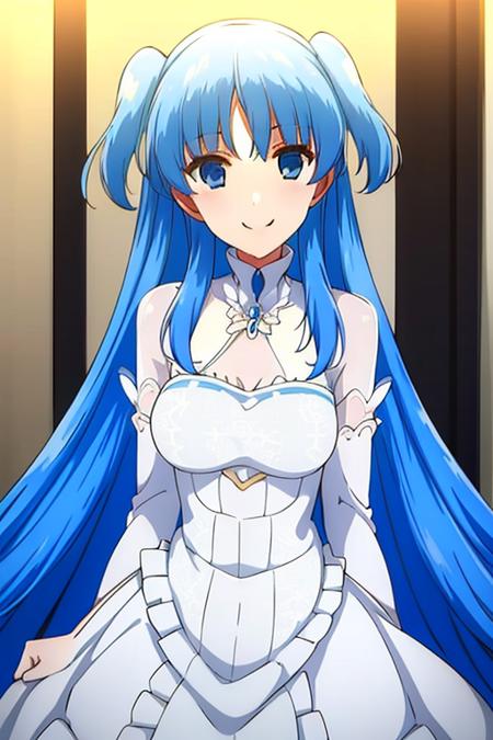 (masterpiece, best quality, hi-res:1.2),1girl, dress, blue hair, wedding dress, long hair, solo,white dress, smile, blue eyes, two side up,<lora:chthollyLORA415-000002:1>