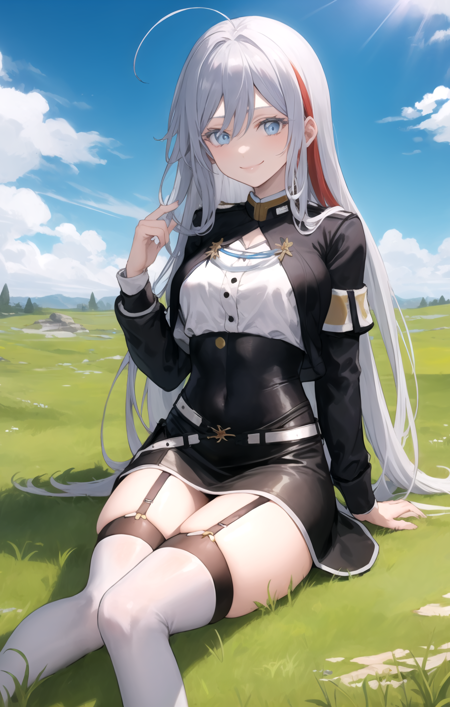 (masterpiece), (best quality)
BREAK <lora:bloodyRegina:1> , vladilena milize, military uniform, black jacket, multiple belts, black skirt, garter straps, white thighhighs, light smile
BREAK outdoors, grass, blue sky light rays