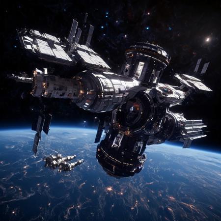 Design a breathtaking scene set in the vastness of space, where a futuristic spaceship is gracefully docking with a massive space station. Imagine this spacecraft as a marvel of human engineering, with sleek lines, glowing accents, and an array of advanced technologies on display. The space station, a towering structure with intricate details and multiple docking ports, serves as a bustling hub of interstellar activity.

As the spaceship aligns perfectly with the docking bay, highlight the intricate dance of mechanical arms and magnetic locks securing the two structures together. Add a dramatic touch with a vibrant nebula glowing in the background, its vivid colors contrasting the dark void of space. Enhance the sense of depth and movement with stars streaking across the scene, creating a captivating starfield.

Include subtle lighting effects to showcase the reflective surfaces of the spaceship and space station, emphasizing their metallic sheen. Perhaps add a few smaller vessels or spacewalkers nearby, providing a sense of scale and additional visual interest. The overall composition should evoke a sense of wonder, showcasing the beauty and excitement of space exploration and the potential of human ingenuity in the future.
