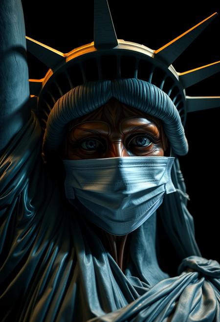 **Prompt:** A highly detailed and dramatic portrait of the Statue of Liberty, focusing on her face in a macro close-up. The Statue of Liberty is unwrapping a large surgical mask, revealing the intricate and realistic facial muscle structure beneath. The mask is partially peeled away, showing tendons, muscles, and sinews in high detail. The scene is lit with dramatic studio lighting, casting deep shadows and highlighting the textures of both the metal surface and the muscular tissue. The atmosphere is eerie and unsettling, with a dark, creepy ambience that contrasts the grandeur of the statue with the raw, exposed anatomy.