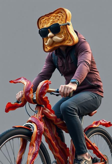 "Create a photorealistic image of a person riding a bike, but with a twist. Their head is actually just a piece of toast, complete with a mustache and dark aviators drawn on with icing. The toast head should be rendered in exquisite detail, with visible crumbs and texture. The bike itself should be made up of crispy bacon strips, intricately woven together to form the frame, wheels, and handlebars. The bacon should be rendered in a way that makes it look crispy and edible, with visible fat and texture. The overall effect should be one of playful, whimsical humor, as if the person is enjoying a fun and carefree ride on their bacon bike." Highest-Quality, 4k, intricate details, visually stunning, Masterpiece
