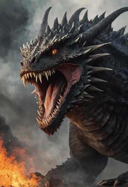 valley, darkening, dragon, black, scales, obsidian, light, fading, creature, jaws, enormous, teeth, razor-sharp, growl, chest, smoke, nostrils, eyes, glowing, inferno, fury, air, anticipation, torrent, fire, blazing, world