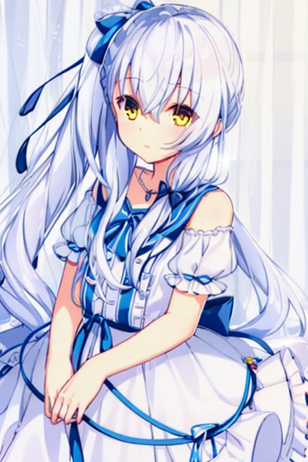 ((masterpiece)),(( best quality)),1girl,solo,long hair,side ponytail,yellow eyes,dress,jewelry,necklace,white hair,looking at viewer,ribbon,hair ribbon,white dress,blue ribbon,hair between eyes,bow,upper body,bare shoulders,hair bow,frills,short sleeves,bangs,<lora:zhuqueLORA-000007:0.7>,