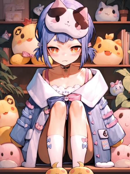 wazi,solo,virtual youtuber,long hair,coat,short hair,blue hair,orange eyes,bow,white dress,twintails,animal on head,purple hair,choker,hair ornament,frilled dress,fang,collarbone,animal slippers,white background, coat long hair