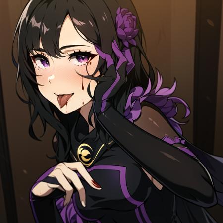 <lora:ElsaGranhiert:1>, ElsaGranhiert, 1girl, black hair, solo, licking_lips, close-up, eyes_focus, detailed eyes, detailed mouth, purple_eyes, long_hair,  bridal_gauntlets, touching_face, blood_on_face,