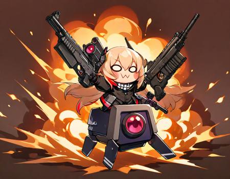 minigirl, 2robots, m4 sopmod ii jr, dinergate_(girls'_frontline), girls' frontline,0w0,black gloves,black jacket,blonde hair,blush stickers,chibi,explosion,headgear,holding gun,jacket,motion lines,multicolored hair,streaked hair,underbarrel grenade launcher,m4_sopmod_ii, assault_rifle, dual_wielding, m4_carbine, oekaki,riding,
masterpiece, best quality,