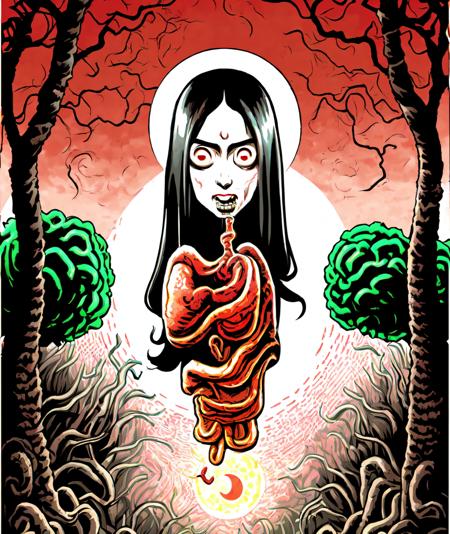 (todkosum style,by lovecraft,junji ito style:1.4) white background<lora:krasue_152:1>(krasue (a flying woman head:1.2) with human organ lung (heart:0.7):1.2) (Thai temple,forest,nightscene,Moon,:1.3) <lora:krasue_152:0.8>blood