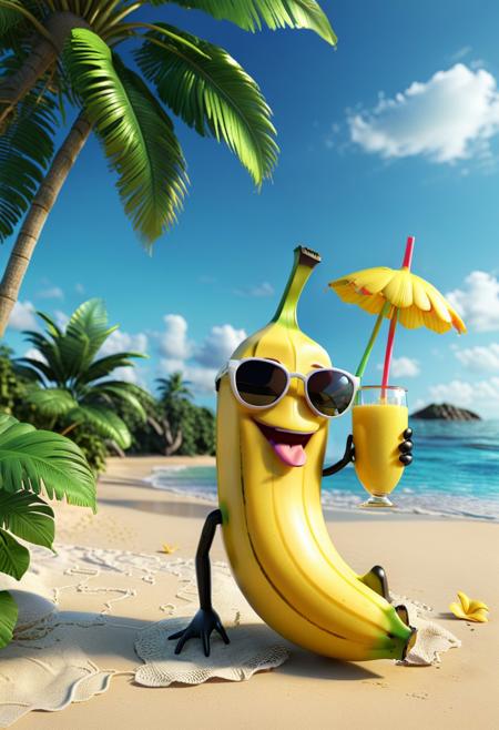 3D render of a cute banana character relaxing on the beach, sipping on a tropical drink.