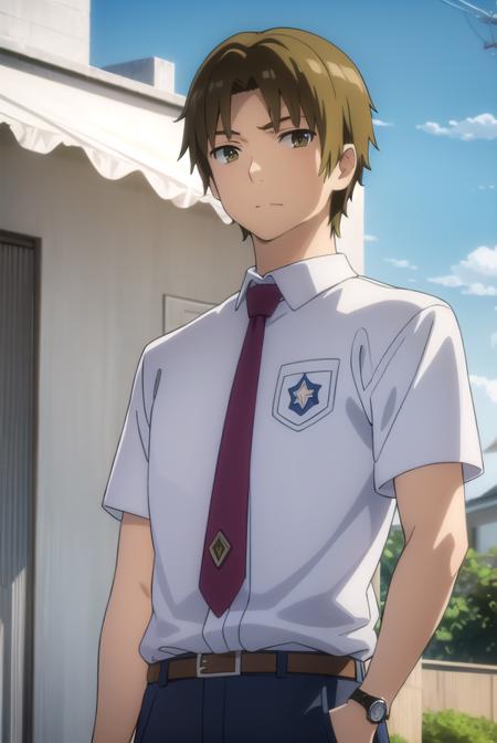 atsumumatsuyuki, <lora:atsumu matsuyuki s1-lora-nochekaiser:1>,
atsumu matsuyuki, brown hair, (brown eyes:1.3), male focus,
BREAK shirt, school uniform, white shirt, short sleeves, necktie, collared shirt, belt, pants, red necktie, watch, wristwatch,
BREAK outdoors, house, fields, grass, sky, sun, clouds,
BREAK looking at viewer, (cowboy shot:1.5),
BREAK <lyco:GoodHands-beta2:1>, (masterpiece:1.2), best quality, high resolution, unity 8k wallpaper, (illustration:0.8), (beautiful detailed eyes:1.6), extremely detailed face, perfect lighting, extremely detailed CG, (perfect hands, perfect anatomy),