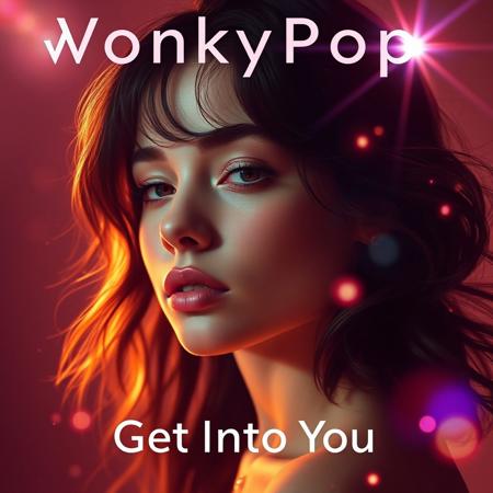 high quality design aesthetics, soulful, introspective, emotive, detailed, pop album cover, young white woman, artist name "WonkyPop", album title "Get Into You", sparkle, glitter, glow, lens flares, flowing shapes