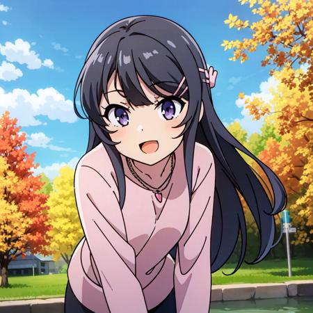 mai-san, sakurajima mai,  <lora:mai:0.7>, 1girl, solo, long hair, blush, smile, open mouth, shirt, black hair, hair ornament, long sleeves, jewelry, purple eyes, :d, outdoors, sky, shorts, day, hairclip, cloud, necklace, tree, blue sky, leaning forward, pink shirt, autumn leaves, riding a bike