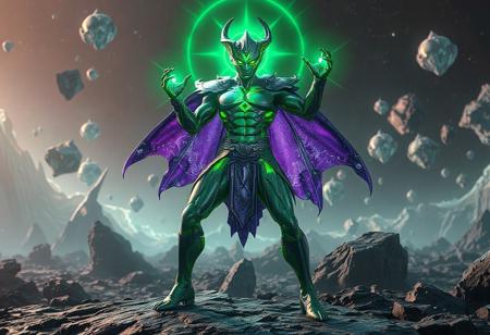 "8K UE5/Octane render of 'Holactie the Creator of Light'—a Marvel Comics-inspired figure in dynamic battle stance. Shimmering green/purple metallic skin reflects divine energy, standing on obsidian terrain amidst floating celestial rocks. The 'Divine Domain Baatistina' backdrop glows with ethereal light, contrasting his powerful form. Hyper-detailed nanite textures, Houdini FX energy aura, and ray-traced reflections. Post-processed with Kodak film grain and Grammer Effect color grading. Tags: #Marvel #DivineArt #ConceptArt."