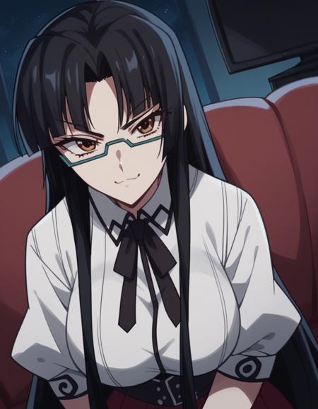 tsubaki shinra, long hair, black hair, brown eyes, glasses, semi-rimless eyewear, under-rim eyewear, parted bangs, bangs, blunt bangs, large breasts shirt, ribbon, school uniform, white shirt, black ribbon, neck ribbon, long sleeves, skirt, red skirt,