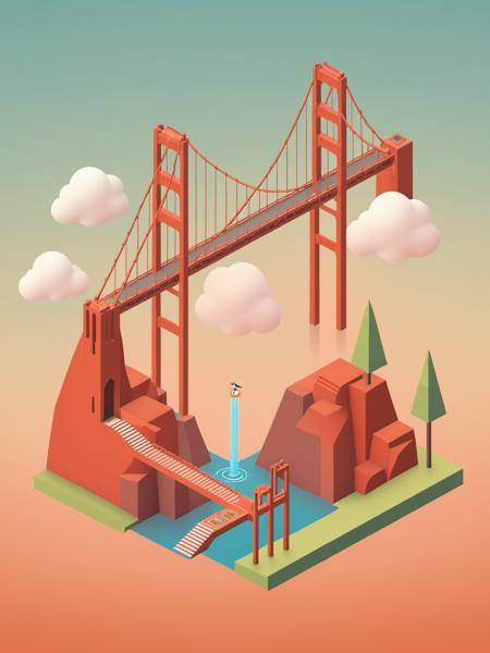 video game monument valley style, Golden Gate Bridge, stairs, water, cloud, hill, trees, gradient background, <lora:Monument Valley style:0.8>