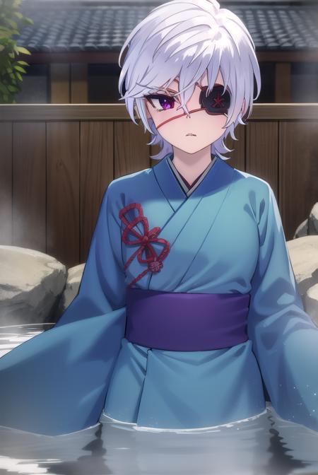 oboro shintou, (purple eyes:1.1), white hair, (eyepatch:1.5), japanese clothes, kimono, blue kimono, haori,