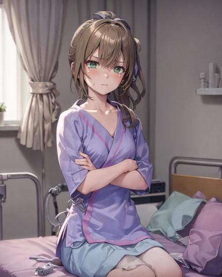 hospital gown, 1girl,(ponytail),green eyes,(Paled face),(weak:1.5),tearing up, crystal tears,crossed arms,long hair,solo, indoors,sitting,collarbone,bedroom,pillow, short sleeves, hospital bed, bed,  sunlight,  <lora:HospitalGownAV1:1>, <lora:Mu-000008:0.9:RW>,