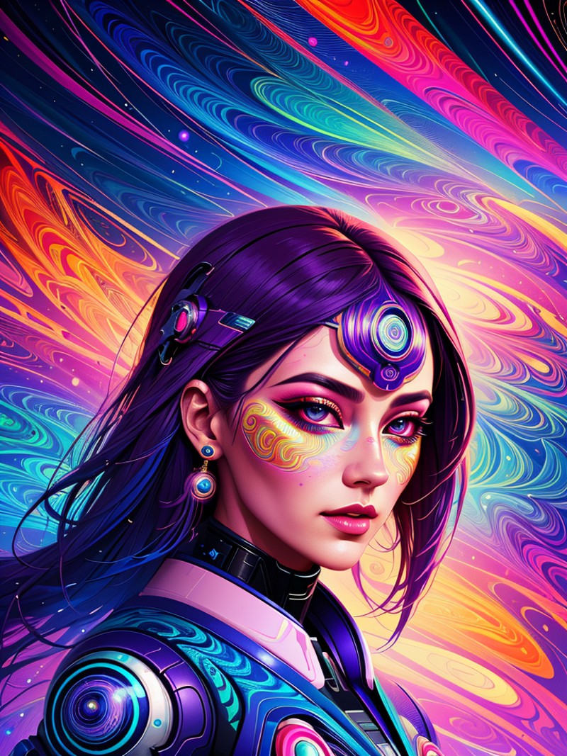 Psychedelic style a woman looking forward a futuristic background with geometric shapes and lines, with a space theme, And...