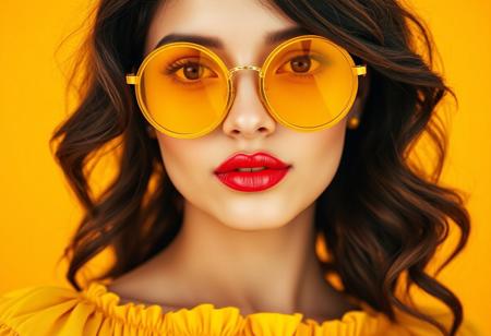 Close-up of a woman with dark brown, wavy hair and round, yellow sunglasses. 
The woman is positioned against a solid yellow background. Her face and upper torso are the central focus.  Her skin appears smooth and light-toned. 
She has a soft, slightly lifted expression, and her lips are painted with a vibrant, coral-toned lipstick. Her eyes are visible beneath the sunglasses.
The sunglasses are round and yellow, with gold-toned rims and a noticeable frame.  
The woman is wearing a loose, yellow, off-the-shoulder top with a ruffled or pleated design. The fabric looks like a type of soft, flowing silk or chiffon. The fabric texture is visible; the pleats and folds are apparent.
The lighting highlights the woman's features and creates a warm, slightly soft glow. The yellow background contrasts sharply with her skin and clothing, emphasizing her appearance. The image's overall aesthetic is fashion-oriented, possibly for a magazine or social media.
<lora:FLUX-daubrez-DB4RZ-v2:1> DB4RZ, DB4RZ style painting