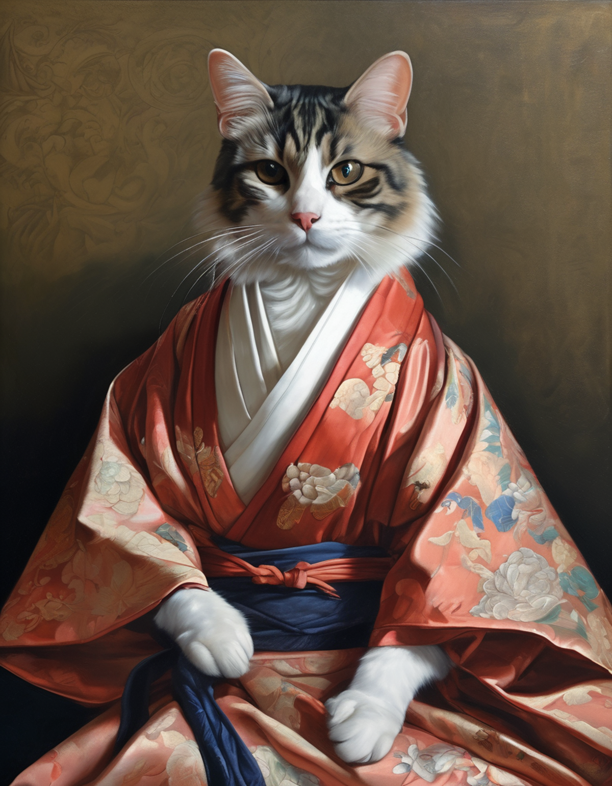 A cat wearing a kimono, sitting on a table.