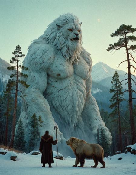 Surrealist art breathtaking cinematic film still tiny figure standing before towering white-furred mountain beast, creature with ancient eyes and rotten mane, gentle snowfall coating pine forest in background, moonlit alpine clearing, folklore-inspired fantasy, deep winter atmosphere, beastâs breath forming mist in cold air, captured on Kodak Portra 400, Canon AE-1 with 85mm f/1.8 lens, soft warm grain, tone of wonder and ancient friendship,<lora:add-detail-xl:1>,OverallDetailXL,ArsMovieStill,<lora:MJ52_v2.0:0.7>,<lora:EldritchCandids1.1.2:0.75>,<lora:EpicF4nta5yXL:0.4> . shallow depth of field, vignette, highly detailed, high budget, bokeh, cinemascope, moody, epic, gorgeous, film grain, grainy . award-winning, professional, highly detailed . Dreamlike, mysterious, provocative, symbolic, intricate, detailed