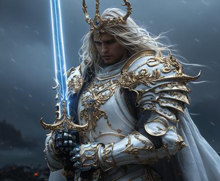 cinematic still A stunning, highly detailed dark fantasy full body illustration of a proud angelical warrior wearing intricate medieval white HKStyle armor and an epic white ornamented mask, holding a great golden glowing sword, golden and blue glooming eyes, very wide shoulders, wearing big gauntlets, epic composition. The warrior stands heroic with a flowing cloak and white hood during a storm with foggy gloom, thunderclouds in the background . The scene depicts him with brooding emotional agony , style by Greg Rutkowski, by Milo Manara and Russ Mills, with insanely intricate details and textures, gloomy dramatic lighting, 8K resolution . emotional, harmonious, vignette, 4k epic detailed, shot on kodak, 35mm photo, sharp focus, high budget, cinemascope, moody, epic, gorgeous, film grain, grainy, (masterpiece), (best quality), (ultra-detailed), A stunning, highly detailed dark fantasy full body illustration of a proud angelical warrior wearing intricate medieval white HKStyle armor and an epic white ornamented mask, holding a great golden glowing sword, golden and blue glooming eyes, very wide shoulders, wearing big gauntlets, epic composition. The warrior stands heroic with a flowing cloak and white hood during a storm with foggy gloom, thunderclouds in the background . The scene depicts him with brooding emotional agony , style by Greg Rutkowski, by Milo Manara and Russ Mills, with insanely intricate details and textures, gloomy dramatic lighting, 8K resolution, illustration, disheveled hair, detailed eyes, perfect composition, moist skin, intricate details, earrings, by wlop, A stunning, highly detailed dark fantasy full body illustration of a proud angelical warrior wearing intricate medieval white HKStyle armor and an epic white ornamented mask, holding a great golden glowing sword, golden and blue glooming eyes, very wide shoulders, wearing big gauntlets, epic composition. The warrior stands heroic with a flowing cloak and white hood during a storm with foggy gloom, thunderclouds in the background. The scene depicts him with brooding emotional agony, style by Greg Rutkowski, by Milo Manara and Russ Mills, with insanely intricate details and textures, gloomy dramatic lighting, 8K resolution, beautiful, dynamic cinematic color, artistic, elegant, deep aesthetic, inspired, vibrant colors, light shining, glorious, pretty, complex, cool