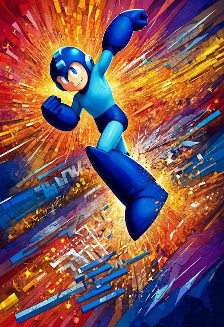 Rockmegamen, Megaman is liberated from a digital system, their words breaking free in stuttered excitement, proclaiming their newfound freedom. The cinematic image depicts a figure breaking through digital constraints, exuding a sense of power and release. Vivid colors and sharp lines convey a strong sense of movement and triumph. Every pixel bursts with energy and vibrancy, capturing the viewer's attention and drawing them into the exhilarating moment of liberation.