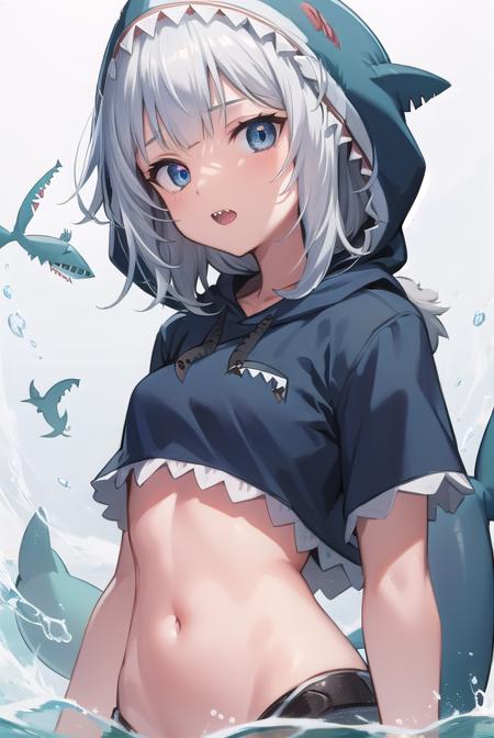 gura gawr, blue hair, grey hair, medium hair, multicolored hair, shark girl, sharp teeth, two side up, teeth, (animal hood:1.5), blue nails, fins, fish tail, hood, long sleeves, (shark hood:1.5), shark tail, tail,