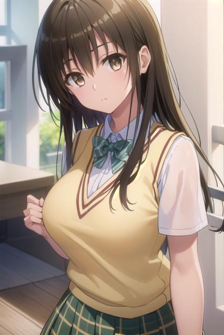 yuikotegawa, <lora:yui kotegawa darkness-lora-nochekaiser:1>,
yui kotegawa, black hair, (brown eyes:1.5), long hair,
BREAK green skirt, plaid, plaid skirt, sainan high school uniform, school uniform, skirt, sweater vest, (yellow sweater:1.3), short sleeves,
BREAK indoors, classroom,
BREAK looking at viewer, (cowboy shot:1.5),
BREAK <lyco:GoodHands-beta2:1>, (masterpiece:1.2), best quality, high resolution, unity 8k wallpaper, (illustration:0.8), (beautiful detailed eyes:1.6), extremely detailed face, perfect lighting, extremely detailed CG, (perfect hands, perfect anatomy),