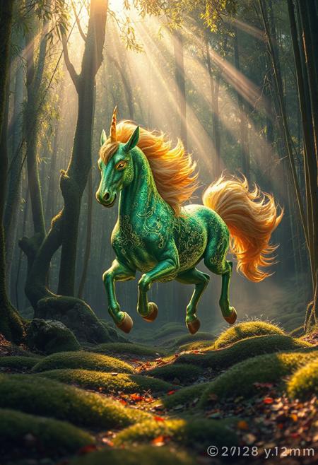 A majestic Kirin, a mythical creature from Japanese folklore, running gracefully through a dense, mystical Japanese forest. The Kirin has a golden mane, shimmering emerald-green scales, and intricate luminous patterns glowing softly across its body. The forest is alive with tall moss-covered trees, delicate bamboo groves, and a serene mist hanging in the air. Sunbeams pierce through the thick canopy, casting dappled light onto the forest floor covered in soft moss and scattered autumn leaves. The scene is vibrant, ethereal, and magical, emphasizing motion, elegance, and the 
mythical aura of the Kirin.