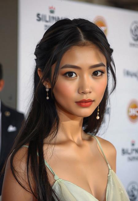 A captivating shot of a young woman with long, dark, flowing hair parted in the center, elegantly framing her face. Her skin appears smooth and radiant, and her makeup is subtle yet enhances her features, with a focus on her eyes and lips. She is wearing delicate, dangling earrings with pearl-like accents. Her attire seems to be a light-colored, possibly sheer or layered gown with thin straps and subtle embellishments in a soft, pastel green hue around the neckline. The background is a clean, bright white, with hints of text or logos that are slightly out of focus, suggesting a formal event or photoshoot setting. The lighting is soft and even, highlighting her gentle expression and poised demeanor. Capture the serene and graceful essence of this individual in a high-resolution image with meticulous attention to detail in her hair, makeup, and the texture of her garment. The overall mood should be one of quiet elegance and understated beauty. Pay close attention to the subtle interplay of light and shadow on her face and clothing to create depth and dimension. The focus should remain sharply on the woman, with the background softly blurred to emphasize her presence.