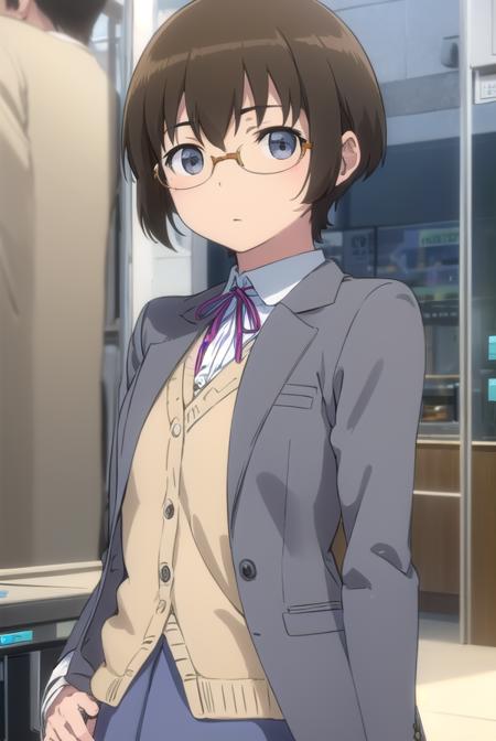 manamitamura, <lora:manami tamura s2-lora-nochekaiser:1>,
manami tamura, short hair, brown hair, (grey eyes:1.3), glasses,
BREAK skirt, school uniform, jacket, blazer, grey skirt,
BREAK indoors, classroom,
BREAK looking at viewer, (cowboy shot:1.5),
BREAK <lyco:GoodHands-beta2:1>, (masterpiece:1.2), best quality, high resolution, unity 8k wallpaper, (illustration:0.8), (beautiful detailed eyes:1.6), extremely detailed face, perfect lighting, extremely detailed CG, (perfect hands, perfect anatomy),