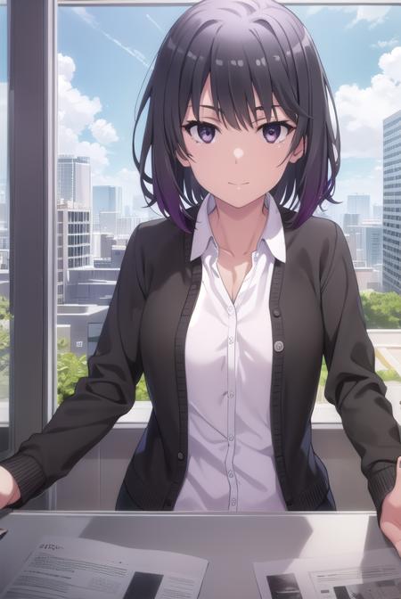 harunoyukinoshita, <lora:haruno yukinoshita s2s3-lora-nochekaiser:1>,
haruno yukinoshita, short hair, hair between eyes, (black eyes:1.5), black hair, gradient hair, two-tone hair, purple hair, smile,
BREAK shirt, white shirt, collared shirt, cardigan, black cardigan,
BREAK outdoors, city, sky, sun, people, crowd, buildings, clouds,
BREAK looking at viewer,
BREAK <lyco:GoodHands-beta2:1>, (masterpiece:1.2), best quality, high resolution, unity 8k wallpaper, (illustration:0.8), (beautiful detailed eyes:1.6), extremely detailed face, perfect lighting, extremely detailed CG, (perfect hands, perfect anatomy),