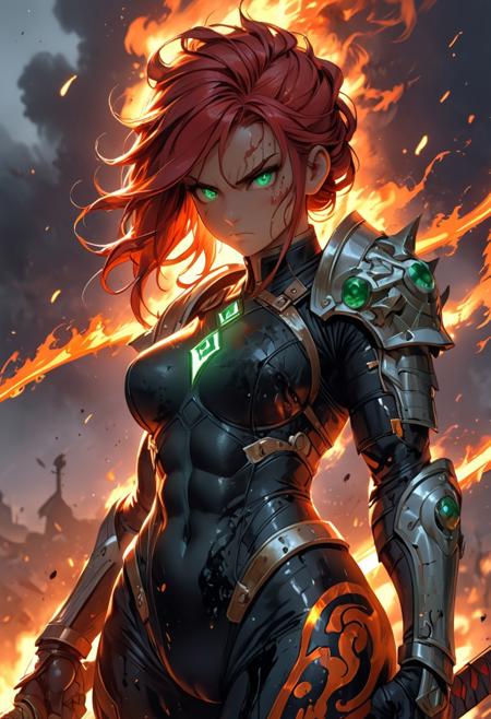 YFG-Sm0rg, YFG-Zaat, Masterpiece, hyper-detailed HD8K concept art of a fierce warrior woman in a close-up shot, wearing a tight leather bodysuit that highlights her toned physique. The bodysuit's design emphasizes her cameltoe, adding a bold and erotic touch. Her fiery red hair is tied back, and her emerald eyes burn with intensity. Sweat glistens on her skin as she stands victorious on a battlefield, her sword dripping with blood. The background is a chaotic mix of smoke and fire, contrasting with her confident, sensual stance. The artwork captures her strength and allure in equal measure.