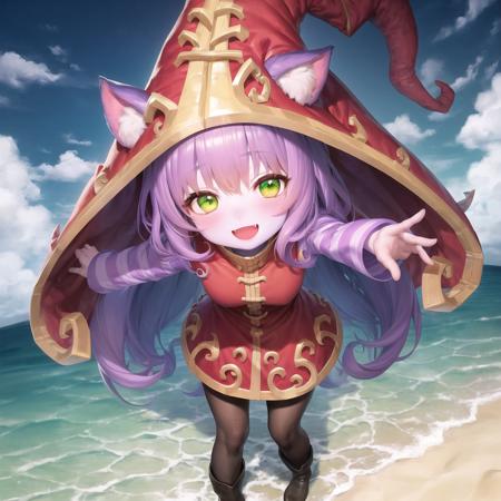 beach, lulu (league of legends), 1girl, animal ears, black pantyhose, blush, boots, colored skin, dress, fang, full body, green eyes, happy, hat, league of legends, long sleeves, open mouth, pantyhose, purple hair, purple skin, smile, solo, striped, witch hat, yordle <lora:lulu-000032:1>