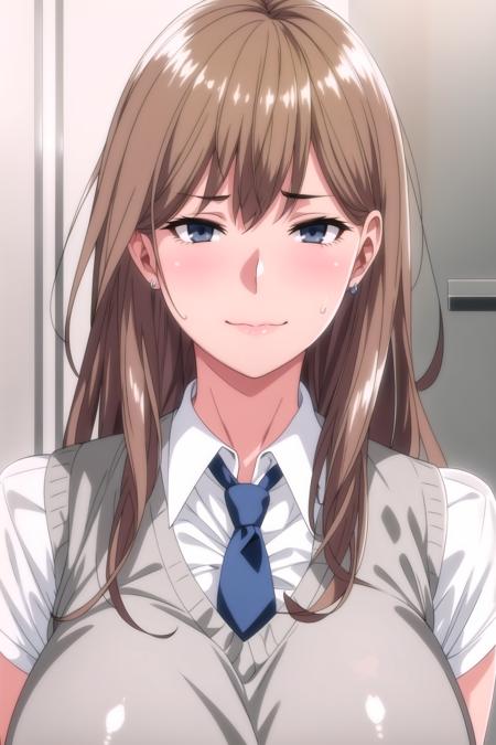 Simple White Background,
(Grey_vest:1.3),school_uniform,white_collared_shirt,sleeves_rolled_up,Blue_necktie,pleated skirt,
<lora:Chiaki_WannaSee-V2:0.8>,ear_piercing, earrings, jewelry,
light_brown_hair,Blue_Eyes,Bangs,long hair ,
<lora:Oda_Non_Style-KK77-V2:0.3>,<lora:more_details:0.1>,
1 girl, 20yo,Young female,Beautiful Finger,Beautiful long legs,Beautiful body,Beautiful Nose,Beautiful character design, perfect eyes, perfect face,expressive eyes,perfect balance,
looking at viewer,(Focus on her face),closed mouth, (innocent_big_eyes:1.0),(Light_Smile:0.3),
official art,extremely detailed CG unity 8k wallpaper, perfect lighting,Colorful, Bright_Front_face_Lighting,White skin,
(masterpiece:1.0),(best_quality:1.0), ultra high res,4K,ultra-detailed,
photography, 8K, HDR, highres, absurdres:1.2, Kodak portra 400, film grain, blurry background, bokeh:1.2, lens flare, (vibrant_color:1.2),professional photograph,
(Beautiful,large_Breasts:1.4), (beautiful_face:1.5),(narrow_waist),