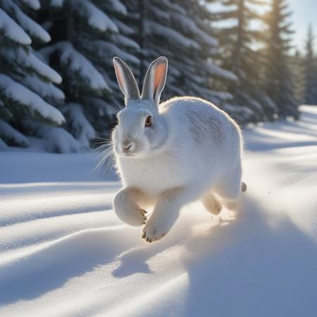 very realistic photograph close-up of a head white snowshoe hare running in the snow, forest background of pine, fir and white spruce and birch, blue sky with cirrus cloud and slightly hidden sun
