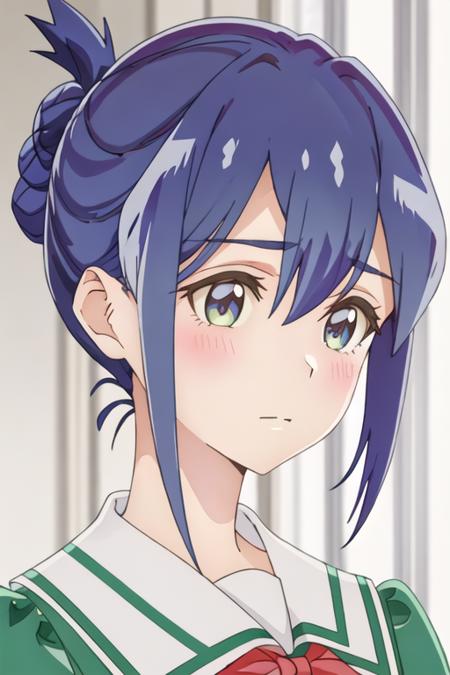 best quality, masterpiece, highres, solo, {mamiya_kanoko_watashinoyuriwaoshigotodesu:1.15}, blue_hair, green_eyes, blush, bangs, closed_mouth, short_hair, purple_hair, 1girl, hair_bun, portrait, single_hair_bun, close-up, indoors, school_uniform, sidelocks, blurry, blurry_background, hair_between_eyes