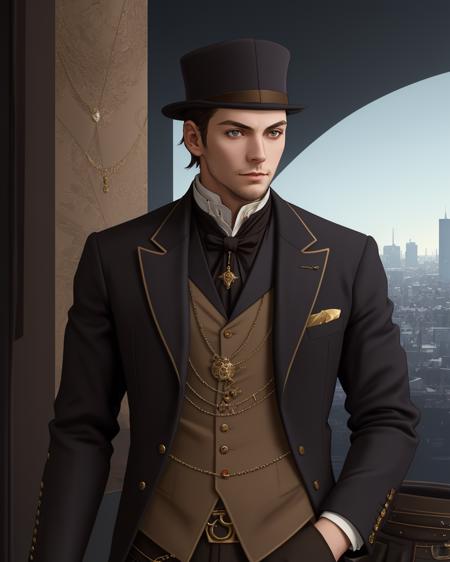 best quality,masterpiece,highly detailed,ultra-detailed, 1boy,<lora:neg4all_bdsqlsz_V3.5:-1>  
<lora:steampunk_last:2.5>solo
upper body, portrait, looking at viewer, 
victorian  cityscape background, 
by  steampunk art 
<lora:Graphite_last:1>, unreal engin 5,octane render,(2D:1.2), digital painting, artstation, concept art, smooth, sharp focus,art by ross tran and greg rutkowski and alphonse Mucha and  Bak Karol