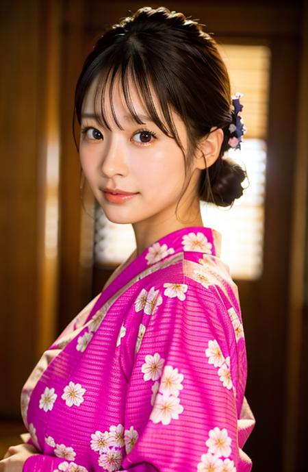 <lora:JPBIGGIRLXXX1:0.8>, pink kimono, furisode, pink yukata, uchikake, black hair, erotic, sexy, seductive nswf, (wavy hair:0.8), photorealistic, realistic, portrait, front view, uncropped, uncropped face, smile, happy, uncropped body, front view, medium shot, full face, RAW photo, best quality, masterpiece, extremely detailed, CG, unity, 2k wallpaper, highres, absurdres, detailed fingers, detailed face, soft light on face, soft light, 1girl, photo model, sexy pose, seducing pose,raise arms,  big natural breasts, big tits, busty, firm breast cleavage, looking at viewer,