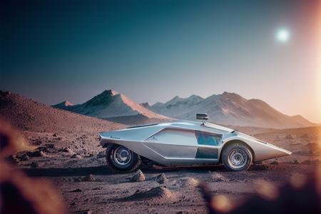 analog gloomy photo of a silver Lancia Stratos Zero car, <lora:l4nc145tr4t05z3r0:1>, racing down a lunar icey landscape, race track on the surface of the moon, futuristic, High Detail, Sharp focus, ((photorealism)), realistic, best quality, 8k, award winning, dramatic lighting, epic, cinematic, masterpiece, outer space lighting, sky is black, stars and pink green nebulas are visible, wide field of view, depth of field, rooster tailing, space station, lifting dust, sports photography, high speed, lens flares,