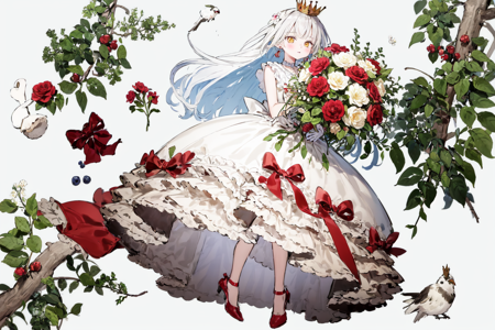 best quality, masterpiece, extremely detailed, detailed background, best quality, masterpiece, extremely detailed, detailed background, 1girl, dress, flower, long hair, ribbon, white dress, white background, red ribbon, hair ornament, rose, bow, crown, red footwear, solo, gloves, jewelry, white gloves, red flower, white flower, red bow, earrings, hair flower, frills, frilled dress, simple background, food, bouquet, looking at viewer, white hair, high heels, yellow eyes, bird, fruit, red rose, cup, blush, bangs, close up