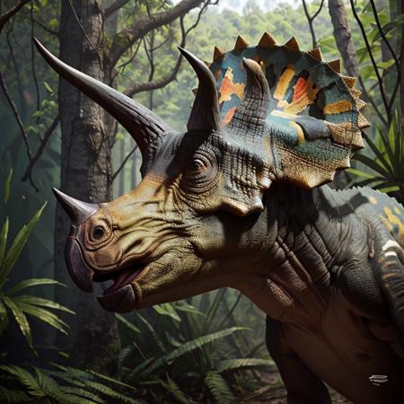 perfect exposure, colorful, masterpiece, best quality, <lora:Triceratops_Dinosaur_Dim32_Anime:0.8>, Triceratops_Dinosaur,  Jurassic jungle, portrait, head,