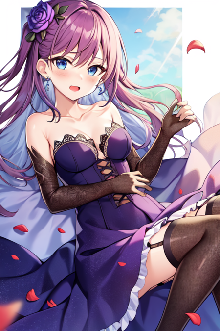 bridal, thighhighs, petals, garter straps, medium breasts, hair flower, earrings, collarbone, open mouth, blue eyes, purple hair