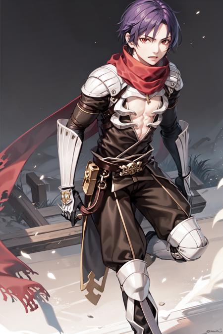 1boy, solo,  assassincross-ro,    <lora:assassincross-ro:0.7>, scarf, shoulder armor, pauldrons, red scarf, open shirt, gauntlets, vambraces,    boots, fantasy:1, ragnarok online