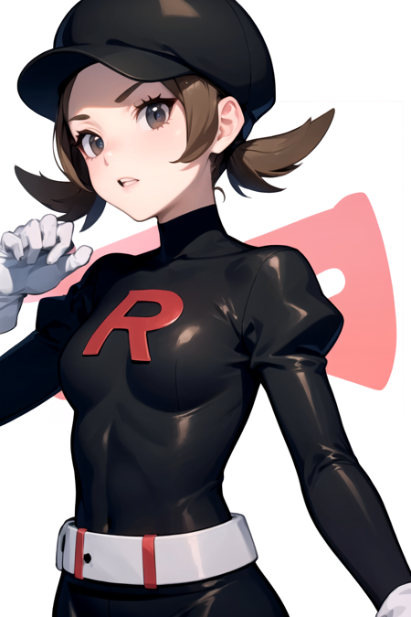 masterpiece, best quality, <lora:LyraRocketV2:0.7>, lyra \(pokemon\), team rocket, team rocket uniform, black dress, long sleeves, white belt, white gloves, elbow gloves, black headwear, upper body,