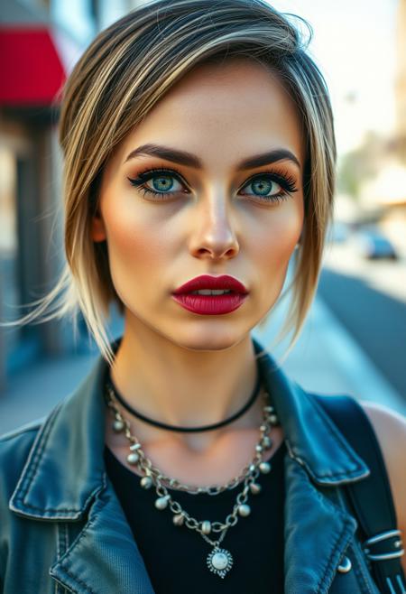 photograph of a beautiful hipster woman, mascara, eyeliner, dark cheeks, expressive lips, alluring necklace, stylish sexy streetwear, almond shaped eyes, perfect eyes, dimples, smoky eye makeup, short brunette hair with blonde tips, bright sunny day