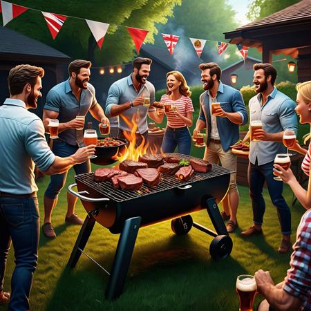 An ultra-realistic photo of a BBQ party with steaks being grilled and people drinking beer and having a good time outside having a good time.