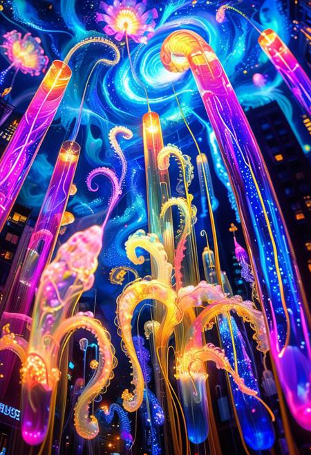 A surreal cityscape where buildings melt and morph into liquid neon structures, their facades shifting between fractal patterns and glowing organic textures. The streets pulse with swirling waves of electric blue, magenta, and iridescent gold, forming a living river of light. Floating jellyfish made of translucent glass drift above, their tendrils weaving through the air like threads of luminous silk. Giant, kaleidoscopic eyes blink from the walls, their irises swirling like galaxies. The sky warps and twists, shifting between celestial vortexes and cosmic storms, creating a dreamlike chaos that never stops moving. psychadelic, PsychadelicChaos